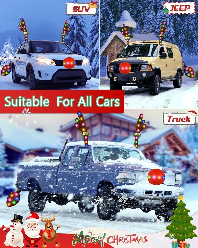 Dergo Christmas Reindeer Antlers Car Decoration Kit, IP44 Waterproof LED Lights Nose Vehicle with Jingle Bells Rudolph, Auto Holiday Accessories for SUV Van Truck Decor Multicolor - Image 4